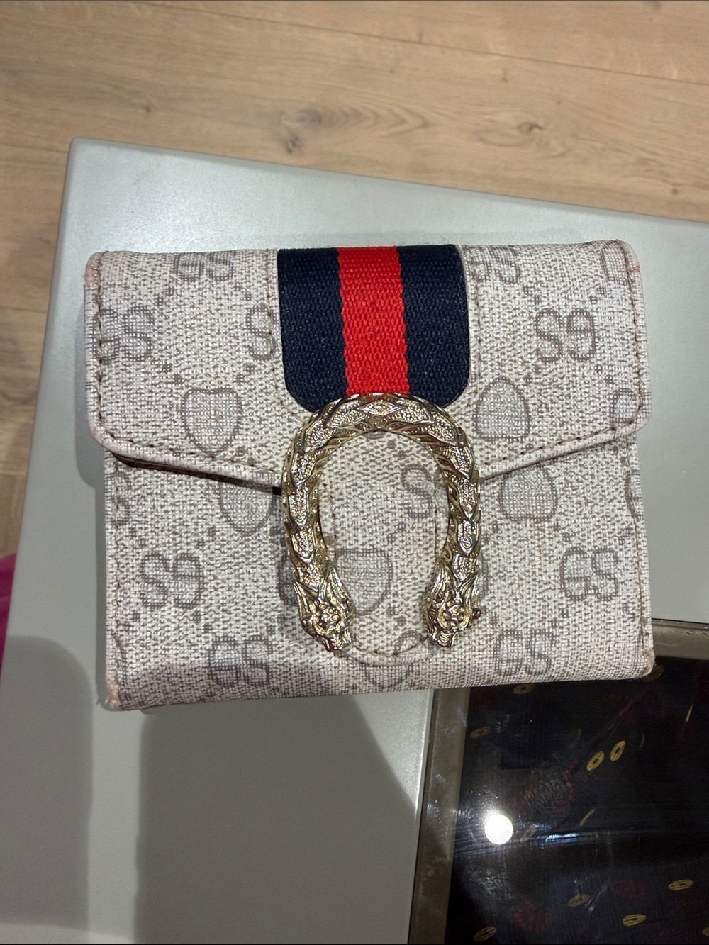be inspired Beige Monogram Wallet with Navy and Red Stripe and Gold Horsebit